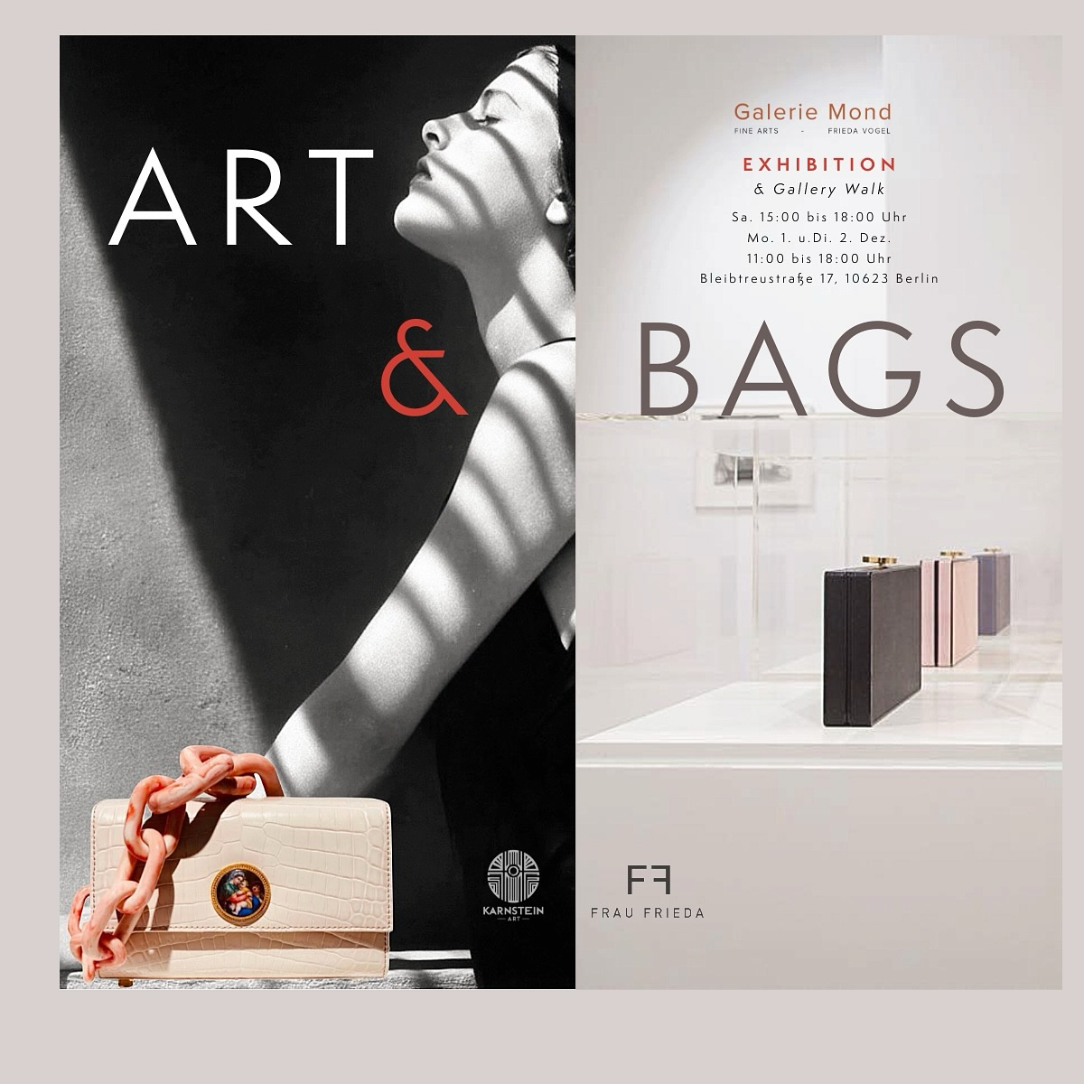 GALLERY WALK 
#fraufrieda & #kiki_karnstein 
Sa., 29.11. ab 15:00 Uhr
Mo., 1.u. Di., 2. Dez 2025
#editions #collectors #exhibition #gallerywalk #unicats #bags #art #baglovers #fashion #fashionphotography #blackandwhite #berlinexhibition